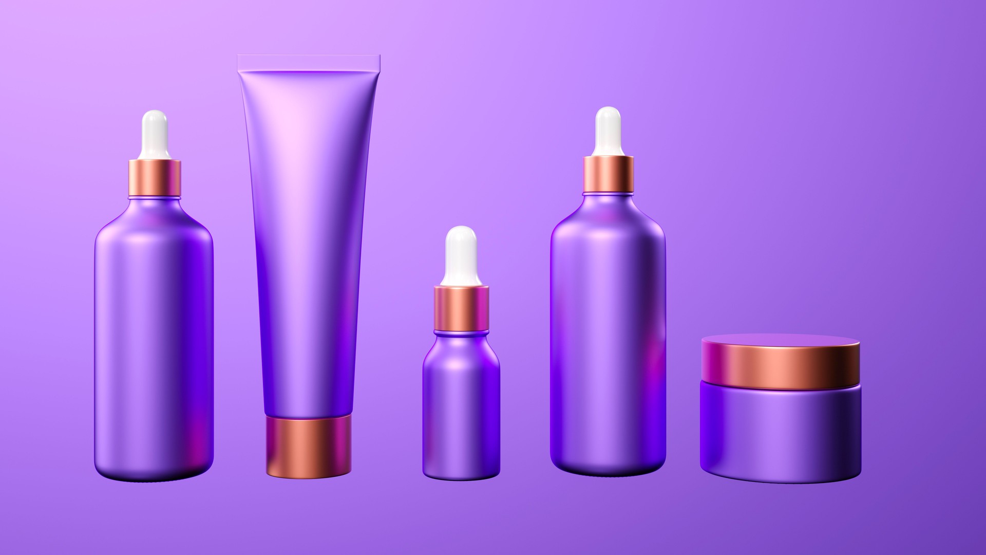 Mockup style cosmetic bottle, purple gradient, rose gold accents, dropper bottle and cream jar, minimalist design, sleek packaging, high-end skincare, professional product showcase, studio lighting, 3D rendering.